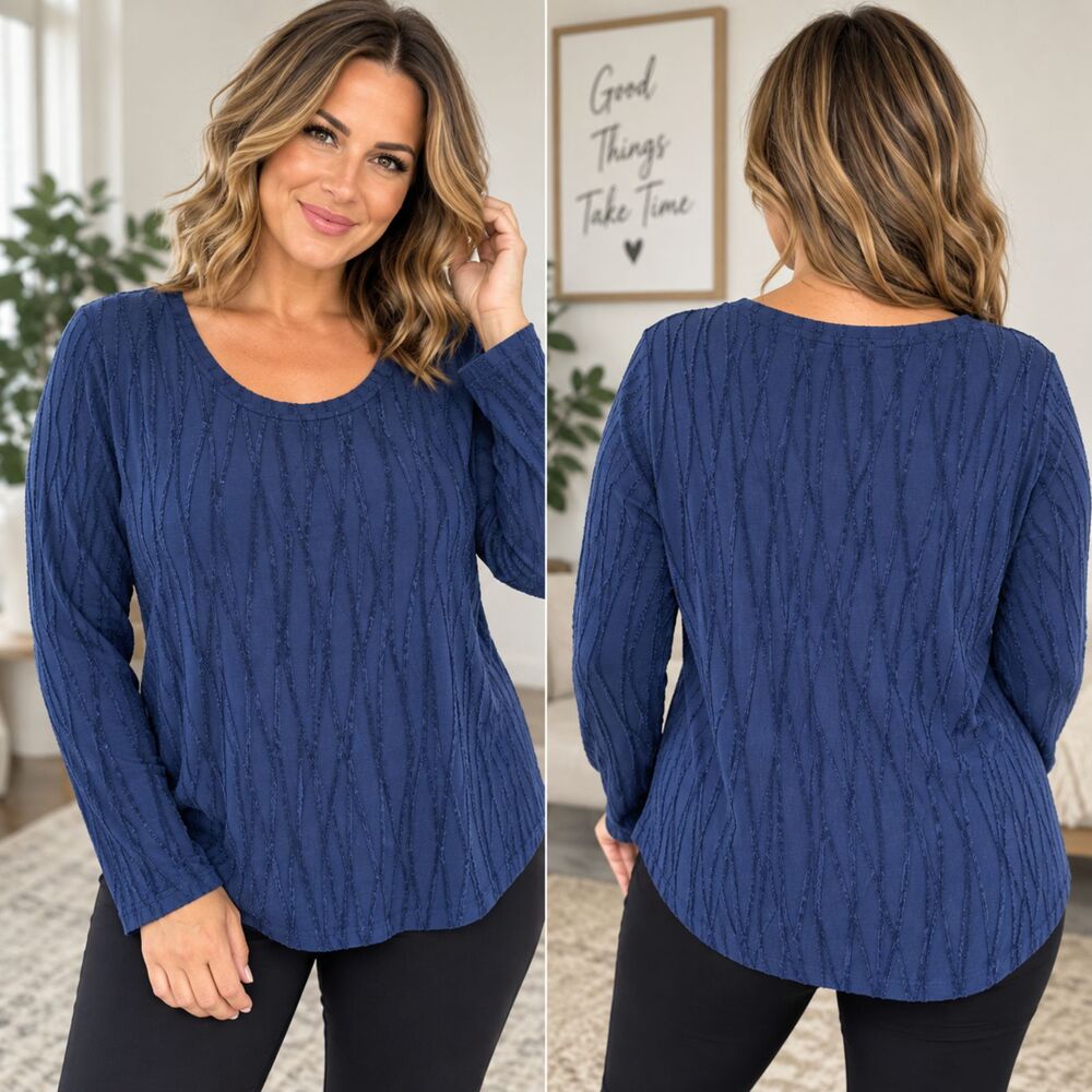 Simply Vera Vera Wang XXL Blue Textured Long Sleeve Top Rayon Blend Tunic